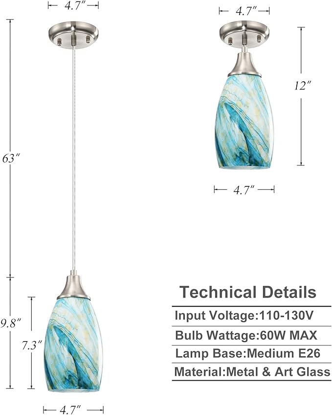 Art Glass Mini Pendant Lights for Kitchen Island Blown Art Glass Pendant Light Shade Hanging Ceiling Lights with Brushed Nickel Finish for Kitchen Counter bar,Dining Room Blue Mixing Yellow-1P