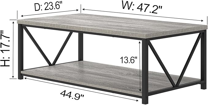 FOLUBAN Coffee Table, Modern Rectangle Living Room Table with Storage Shelf, Rustic Wood and Metal Center Table, Light Grey, 47 Inch