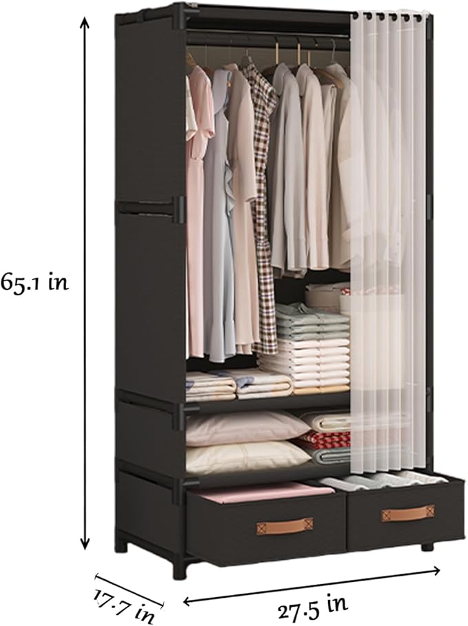 Portable Closet,Portable Closets for Hanging Clothes,Japanese Style Garment Rack Clothing Rack with 2 Drawers,1 Hanging Rods and 2 Storage Shelves,27.5" L x 17.7" W x 65.1" H,Black