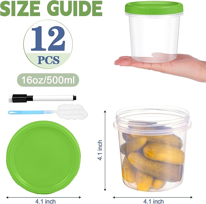 16 oz Plastic Deli Containers with Lids, 12 Pack Stackable Small Freezer Container, Reusable 2 Cup Food Storage Containers with Pen and Brush, Microwave & Dishwasher Safe, BPA Free
