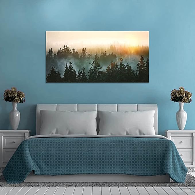 Large Wall Art for Bedroom Living Room Forest Bathed in Sunlight Canvas Print Picture Painting Framed Artwork Wall Decor for Bathroom Modern Room Plants Wall Decorations Size 58x29 Ready to Hang