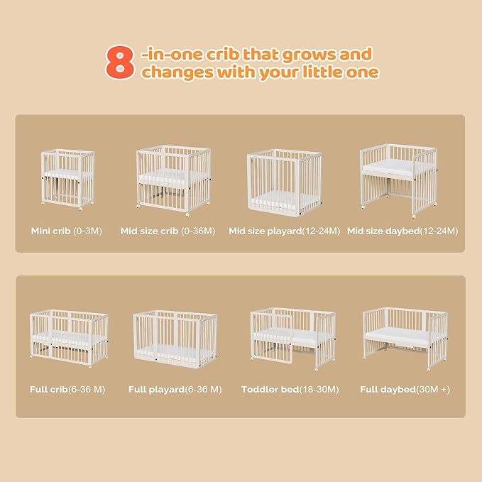JOYMOR 8 in 1 Convertible Crib with Changer, Include 2” Mattress, Converts to Bassinet, Mid Crib, Full Size Crib, Daybed,Toddler Bed and Playard (Crib, Washed Natural)