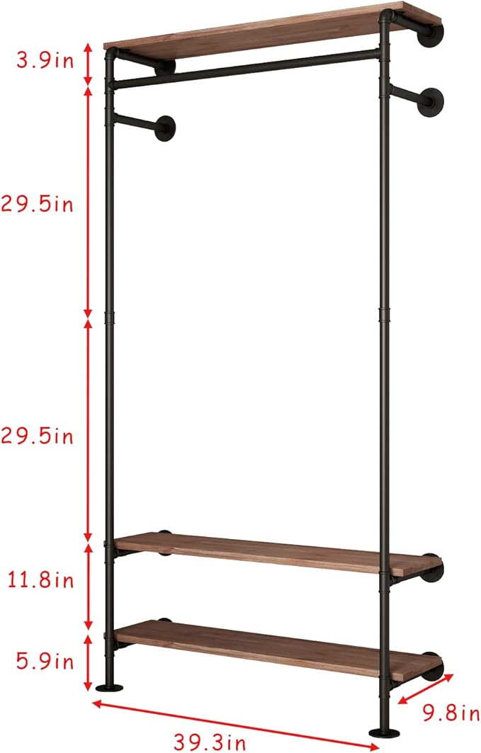Industrial Pipe Clothing Racks with Shelves, Wall Mounted Clothes Rack for Hanging Rods, Heavy Duty Black Clothing Racks With Three Shelves Retail Display Garment Rack for Home