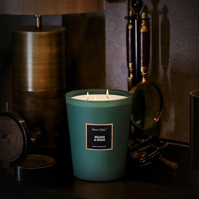 HomeLights Highly Scented Soy Candles Big 33.3 oz for Home. 3 Cotton Wicks, Smokeless Long Lasting 130 hrs in Balsam & Cedar. 5x6, Great Gift for Women & Men