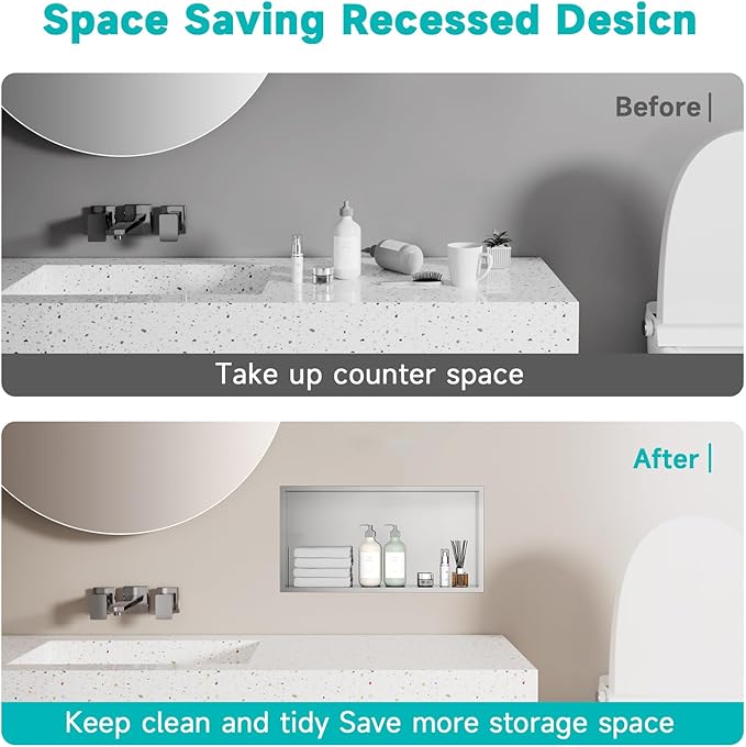 Stainless Steel Shower Niche 12" x 24" Recessed Wall Niche, No Tile Needed, Waterproof & Rustproof Bathroom Storage Shelf (Brushed Nickel)