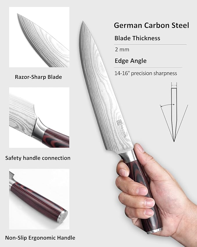 PAUDIN Chef Knife - 9 Inch Sharp Kitchen Knife with Sheath, High Carbon Stainless Steel Japanese cooking knives with Ergonomic Handle, Premium Gift Box