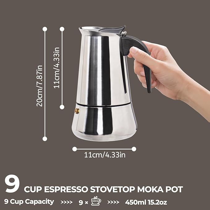 9 Cup 450ml Moka Pot Stainless Steel Espresso Coffee Maker Stovetop Percolator Coffeemaker Italian Classic Style Brewing Greca Cafe Mocha Machine for Cafeteras Lover Camping Travel and Home Use 15oz