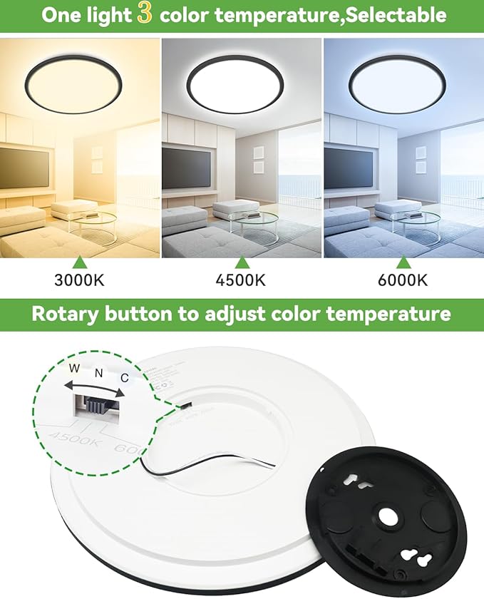 zemty 23 Inch LED Flush Mount Ceiling Light, Super Slim 56W 5040lm LED Ceiling Light, 3 Color Temperature in One 3000k/4500k/6000K Round Light Fixture for Bedroom, Kitchen, Dining Room (Black)