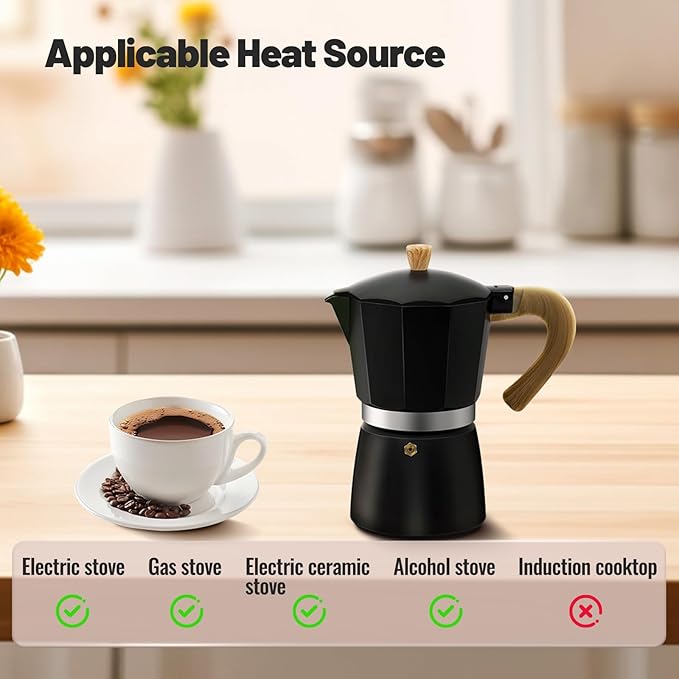 3 Cup Aluminum Moka Pot Classic Stovetop Espresso Coffee Maker 150ml 5oz Coffeemaker Percolator Mocha Pot Greca Coffee Maker Cafe Makers for Italian and Cuban Café Brewing Black