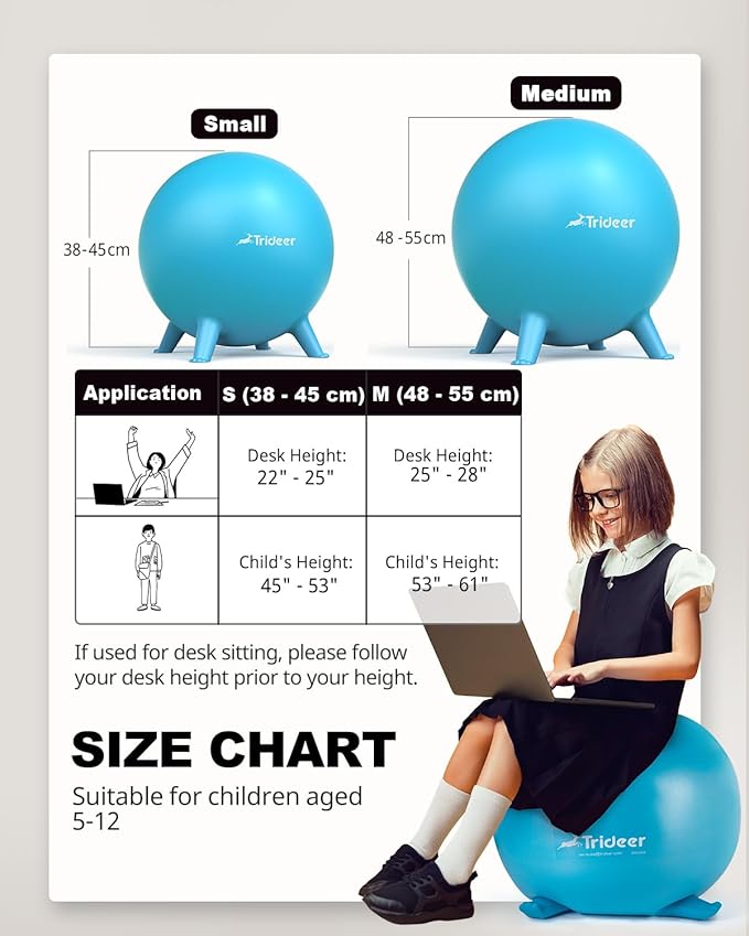 Trideer Flexible Seating for Classroom Elementary, Yoga Ball Chairs for Kids, Wobble Chair of School Supplies for Sensory Kids, Student Desk Chairs for Homeschool (Blue, 45cm)