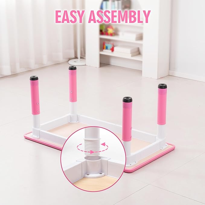 UNICOO Kids Table and Chairs Set, Height Adjustable Multi-Activity Preschool Table with Graffiti Desktop for Ages 2-8 - Versatile Kids Tables for Play, Learning, and Creativity(Maple Top/Pink Border)