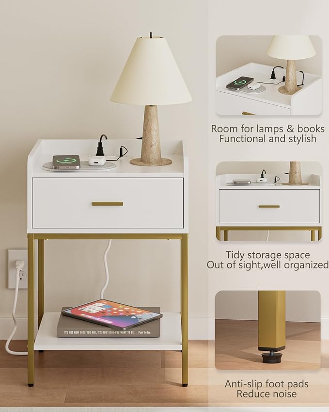 Nightstand with Charging Station,3-Tier Bedside Table for Small Space,Modern Night Stand with Storage Drawer and Shelf,Small Side Table for Bedroom,Living Room,White