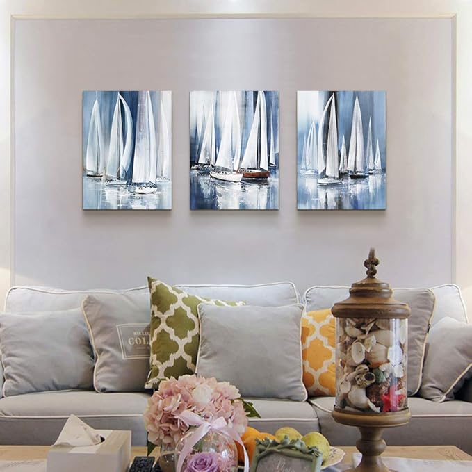 3 Piece Framed canvas wall art for living room bathroom bedroom Wall Art Decor Ocean landscape sailboat abstract Canvas painting Ready to Hang Office Home Decoration sea poster Pictures Wall Artworks