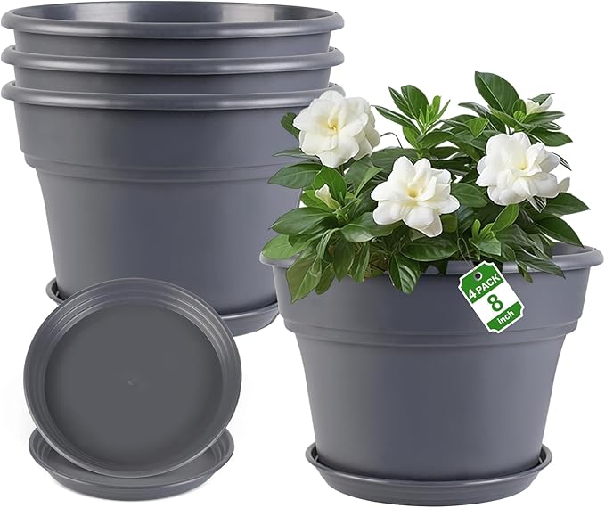 8-inch-Plant-Pots-Indoor-Outdoor, 4 Pack Plastic Planters with Drainage Holes & Saucers, Resin Flower Pots with Trays, Classic Garden Pot Container for House