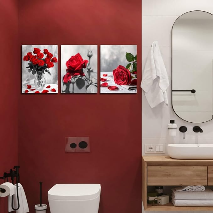 Arjun Rose Wall Art Flower Red Floral Painting Modern Elegant Bloosom Modern Pictures Framed for Living Room Bedroom Bathroom Dinning Room Kitchen Home Office Wall Decor, 12"x16"x3 Panels