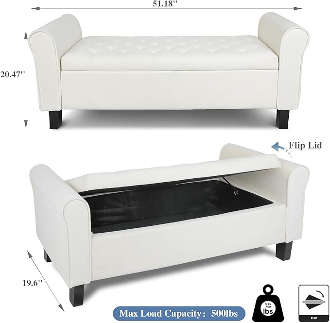 Storage Bedroom Bench for End of Bed, Upholstered Storage Ottoman with Rolled Arms for Bedroom,Living Room, Entryway.