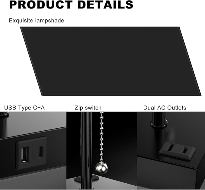 Table Lamp for Bedroom with USB,Bedside Lamp with USB C+A Charging Ports,Adjustable 3color LED Light for Home Decor/Nightstand/Office,Included Bulb and Fabric Lamp Shade (Linen Black, 2PCS)