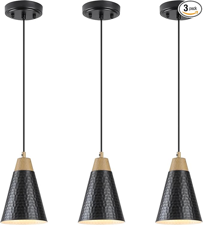 Dijiahua Black Kitchen Pendant Lighting Over Island 3 Pack,Small Modern Farmhouse Chandeliers with Hammered Metal Cone Shade,Mini Industrial Adjustable Cord Hanging Ceiling Lamp Fixtures Over Sink