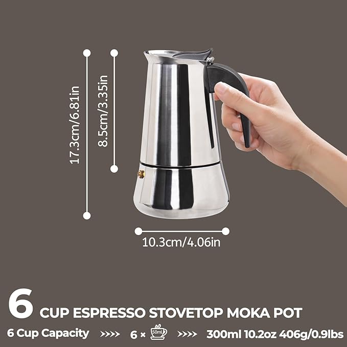 6 Cup 300ml Moka Pot Stainless Steel Espresso Coffee Maker Stovetop Percolator Coffeemaker Italian Classic Style Brewing Greca Cafe Mocha Machine for Cafeteras Lover Camping Travel and Home Use 10oz