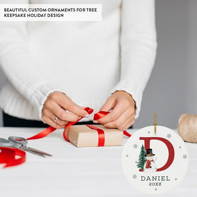 Andaz Press Personalized Ornament, Custom Name, Initial D Monogram Snowman 2.8" Ceramic Porcelain 2025 Christmas Ornament Keepsake for Kids, Boys, Girls, Includes Gold Ribbon & Gift Box, 1-Pack