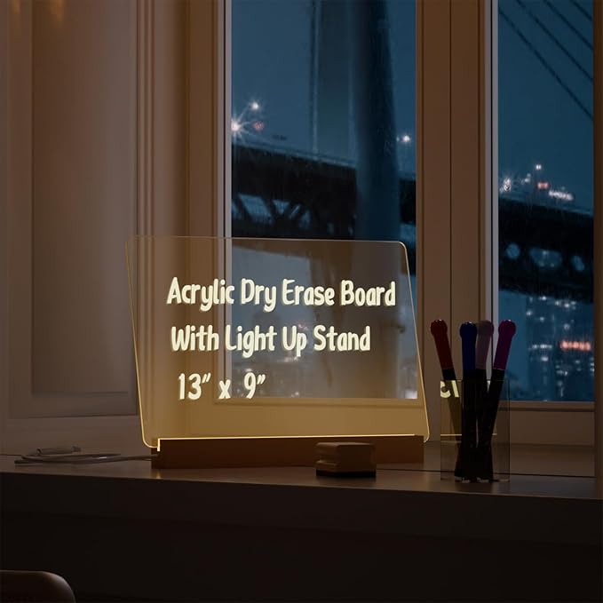 Light Up Clear Dry Drase Board 13 x 9 inch with 5 Markers, Acrylic Lighting Message Memo Note Board for Home/Office/Kitchen/Bedroom