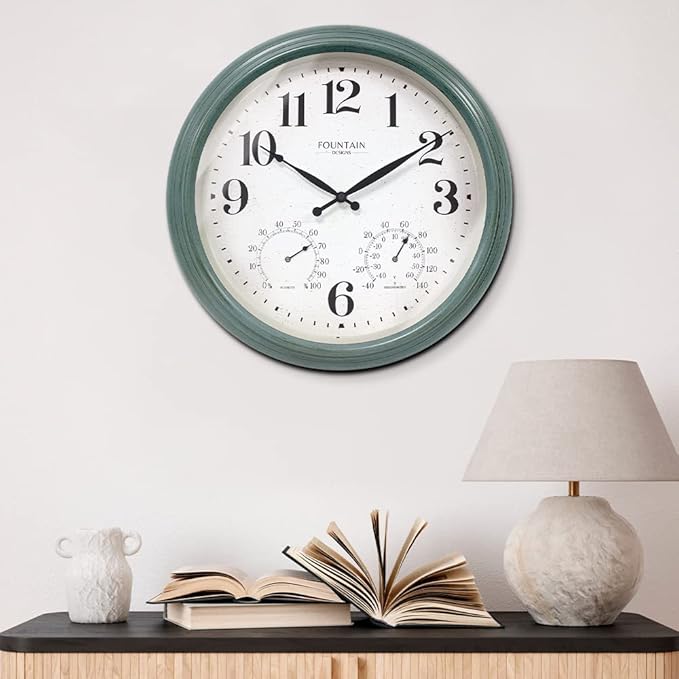 Maison in/Outdoor Clock with Thermometer, 2 in One Weather Station (Weather Thermometer/Wall Decoration) (Aged Teal, 18 inch)
