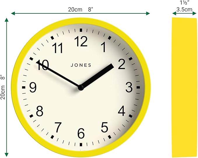 JONES CLOCKS® Spin Wall Clock | Small Modern Round Clock | 8inch | Yellow | Easy to Read Numbers | Ideal for Kitchen, Office, Children’s Room or Any Small Space