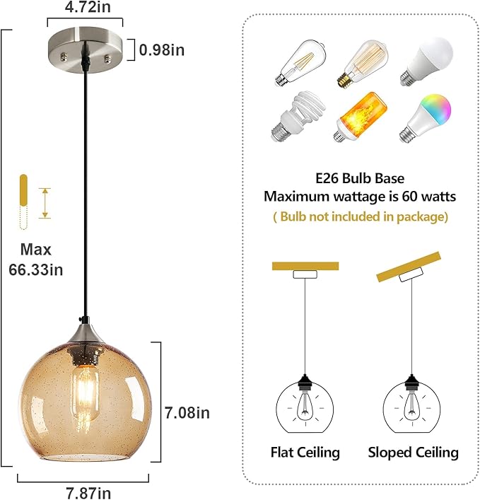 Light Brown Glass Pendant Lights Kitchen Island Lighting Globe Pendant Light Fixtures Modern Pendant Lighting for Bedroom Living Dining Room Light Fixture (7.87 in, 2 Pack)