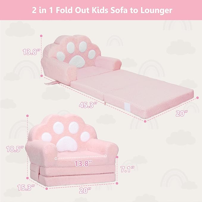 MONKISS Cat Paw Kids Couch, Toddler Chairs Comfy, Toddler Couch Bed Fold Out, Baby Lounge Chair, Birthday Gift for Girls, 1-4 Years Old, SF06, Pink