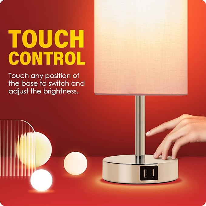 Yarra-Decor Bedside Lamp with USB Port - Touch Control Table Lamp for Bedroom 3 Way Dimmable Nightstand Lamp with Round Pink Fabric Shade for Living Room, Dorm, Home Office (LED Bulb Included)