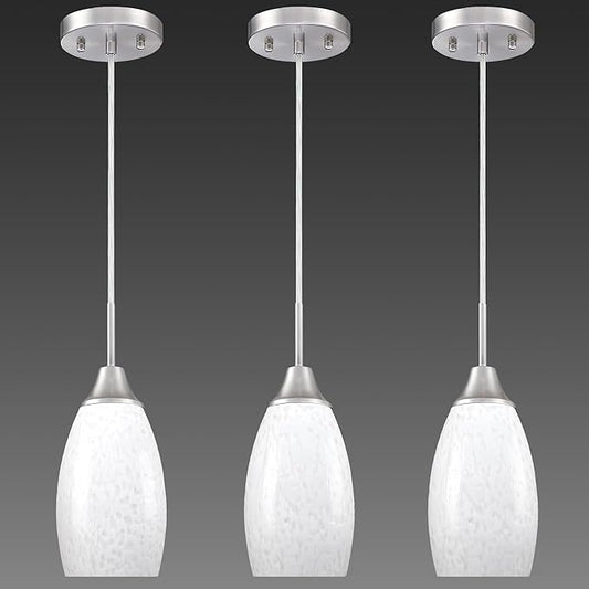Mini Glass Pendant Light 4.72" with Handblown Milk White Marble Art Glass Hanging Light 3-Pack Oval Ceiling Hanging Light Fixture for Dining Room Kitchen Island Cafe Foyer Hallway