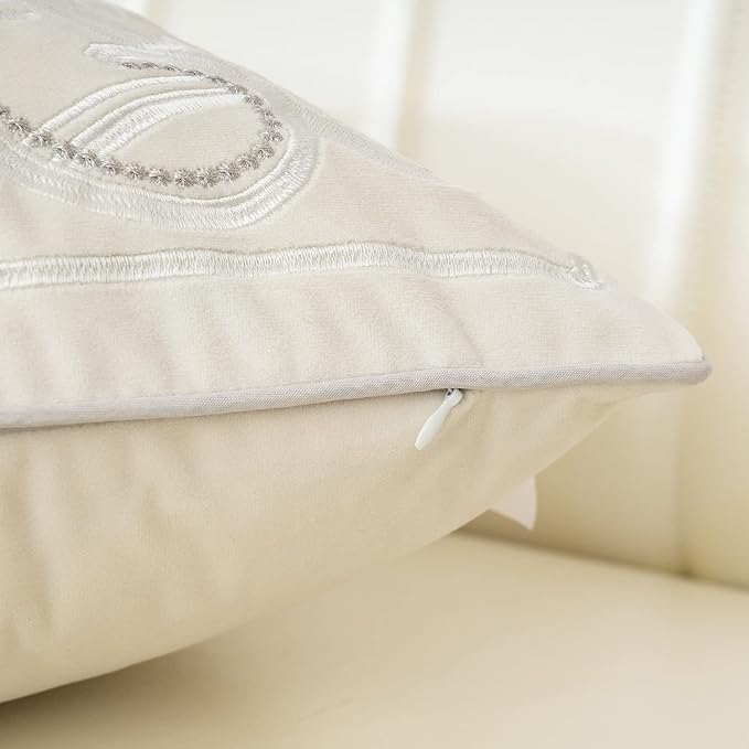 Aeckself European Floral Pillow Cover 16x16 Inch, Luxury Velvet Embroidered Decorative Throw Pillow Cover for Couch Bedroom Living Room, White Silver