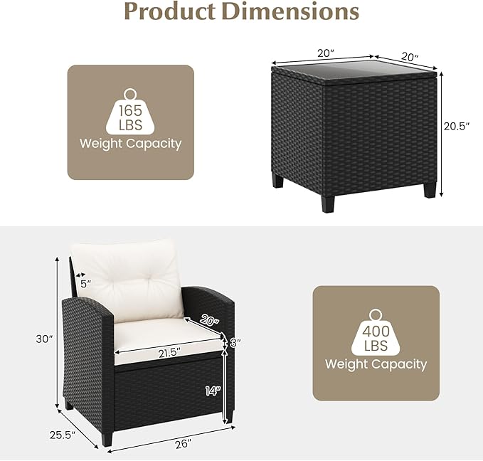 Tangkula 3 Piece Patio Furniture Set, Rattan Conversation Set w/Soft Seat & Back Cushions, Tempered Glass Topped Coffee Table, Cushioned Wicker Seating Set for Backyard, Porch, Poolside (Off White)