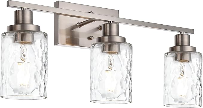 MELUCEE 3-Light Bathroom Lights Modern Vanity Lights Brushed Nickel Finish with Hammered Glass Shade, Industrial Wall Light Fixture for Bedroom Living Room Kitchen (Patent No.: US D963914 S)