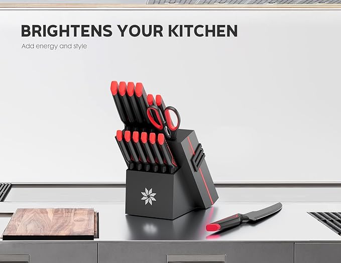 Knife Set - 15 PCS Kitchen Knife Set with Built-in Knife Sharpener Block - Stainless Steel Knife Block Set - Dishwasher Safe, Elegant Box for Men Women, Red