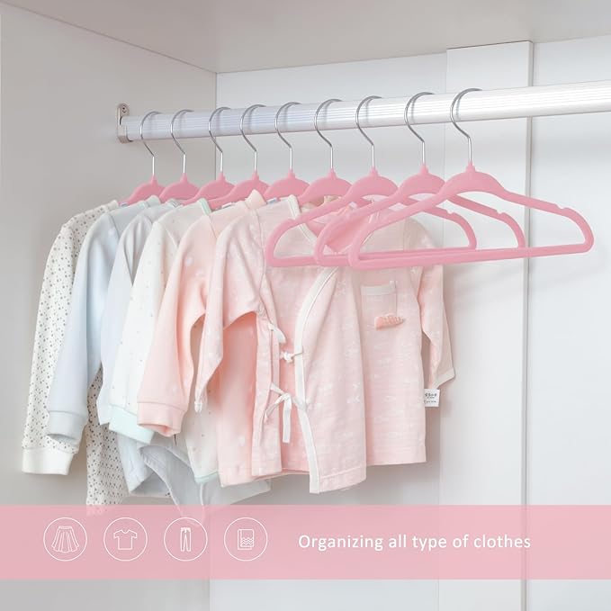 ManGotree Velvet Baby Clothes Hangers, Baby Toddler Kids Hangers with Swivel Hook, Notched Shoulder Design for Kids and Children Clothes (30 Pack, Pink)