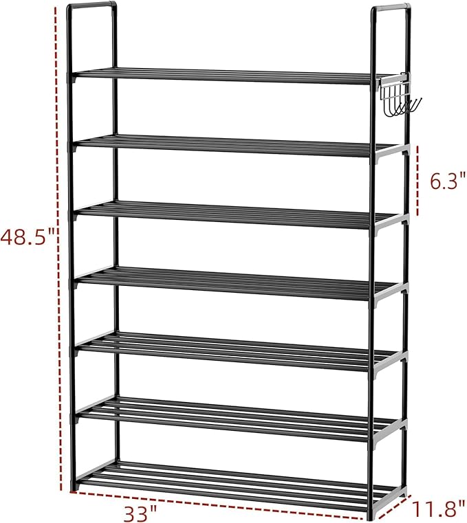 Metal Shoe Organizer,7 Tiers Shoe Storage Shoe Rack with Hooks,Fit 28-35 Pairs,Adjustable Shoe Shelf for Entryway,Hallway,Bedroom,Metal Bottom Support