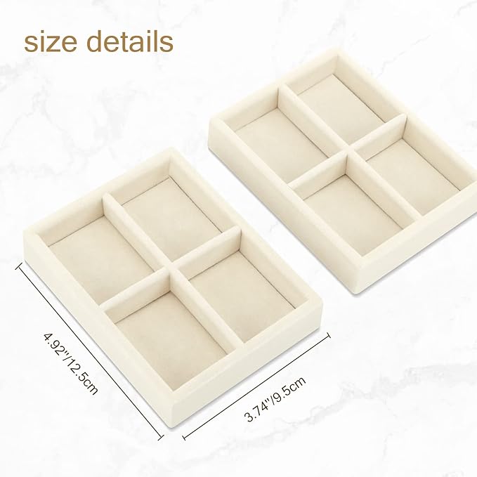 DesignSter Small Jewelry Tray-Ring Organizer 2PCS Premium Velvet Rings Earrings Display Tray Storage Insert Holder for Jewelry Box, Drawer, Dresser (4 Grids, Beige)