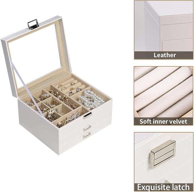 BOOVO Clear Lid Jewelry Box,3 Layers Jewelry Organizer Large Multi-Functional Jewelry Storage Box with 2 Drawers,Jewelry Display Case of Rings Earrings Necklace Bracelets for Women Girls (White)