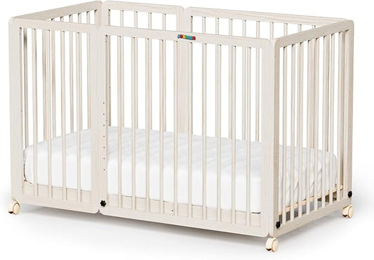 JOYMOR 8 in 1 Convertible Crib with Changer, Include 2” Mattress, Converts to Bassinet, Mid Crib, Full Size Crib, Daybed,Toddler Bed and Playard (Crib, Washed Natural)