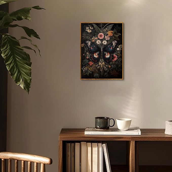 Djmwtb Vintage Framed Wall Art Butterfly Canvas Wall Art Prints Gothic Botanical Floral Pictures Dark Academia Flower Painting Wall Decor Artwork for Living Room Bedroom Bathroom Office 8x10in