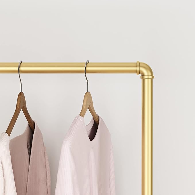 Industrial Gold Clothing Racks on Wheels, Boutique Display Gold Clothes Rack with Shelf, Rolling Garment Rack for Retail Use