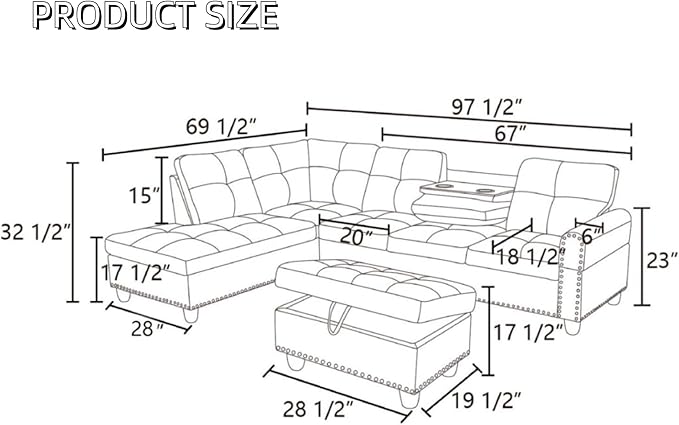 L Shaped Couches for Living Room, Sectional Couch Living Room Furniture with Storage Ottoman, Modular Sectional Sofa with Movable Chaise for Apartment Office, Brown Grey