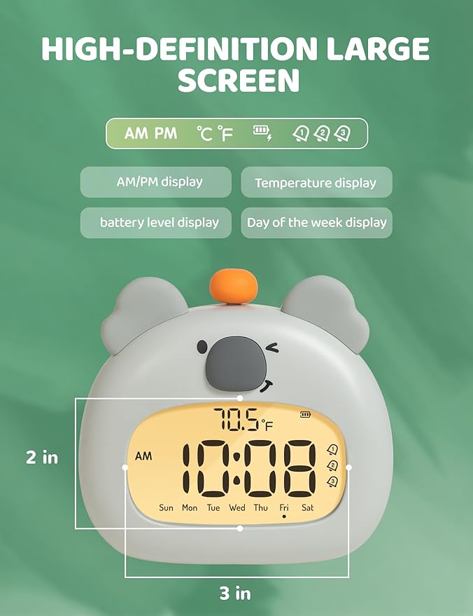 Koala Relaxation Alarm Clock, Forest Night Light, USB-C Fast Charge, 3 Alarms & Timer, Mindfulness Bedroom Decor Gift for Boys, Girls, Tenns