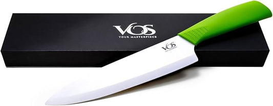 Vos Ceramic Chef Knife 8 Inch with Protection Cover – Large Ceramic Kitchen Knife for Slicing, Dicing, and Fruits – Lightweight Zirconia Blade – Luxury Gift Packaging – Ultra Sharp Chefs Knife (Green)