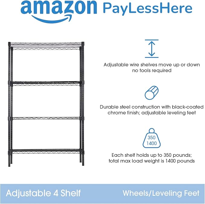 PayLessHere 4-Tier Adjustable Shelf Shelving Unit Shelves Shelf Heavy Duty Storage Steel Organizer Wire Rack (1400 lbs Loading Capacity) with Wheels Multi-Function Easy Assembly,Black