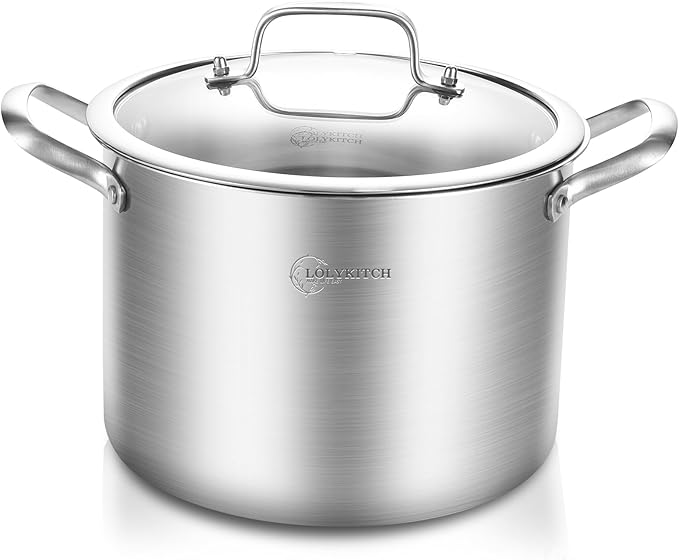 LOLYKITCH Tri-Ply Whole Clad 8 Quarts Stainless Steel Stock Pot with Lid,Induction Cooking Pot,Soup Pot,Heavy Duty,Oven and Diswasher safe.