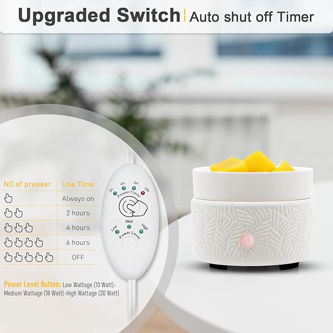 Candle Warmer & Burner - Ceramic Essential Oil 3-in-1 Wax Melter with Timer, Auto Shut Off for Scented Wax Tarts - Aromatherapy for Home, Office, Bedroom & Gifts