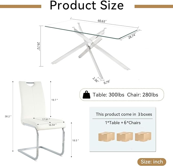 Modern Glass Dining Table Set for 6, Silver Glass Kitchen Table and Chairs Set of 6, 7 Piece Dining Room Table Set with 61" Rectangular Metal Glass Dinner Table and 6 White Leather Dining Chairs