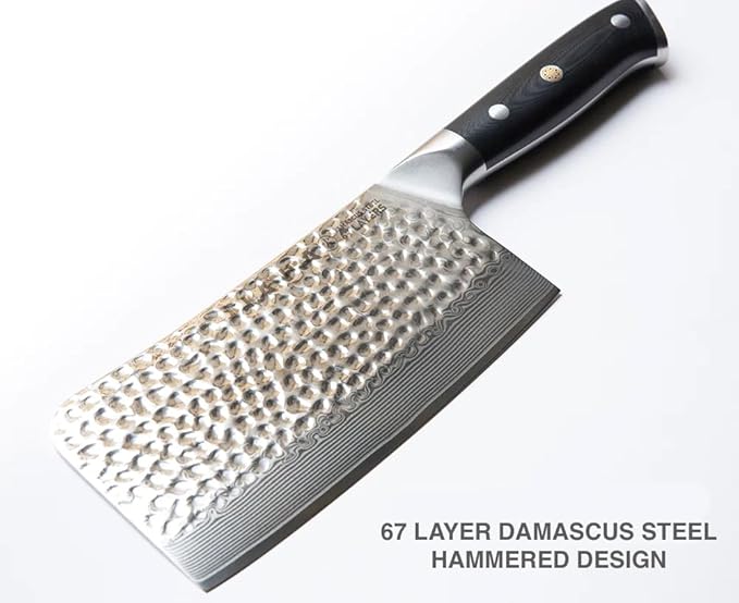 KANKA Grill 7" Damascus Steel Meat Cleaver Knife - Heavy Duty Butcher, Chopper, Razor Sharp, 67 Layers, G10 Black Fiberglass Handle, High Carbon Blade for Meat, Vegetables & Bone Cutting